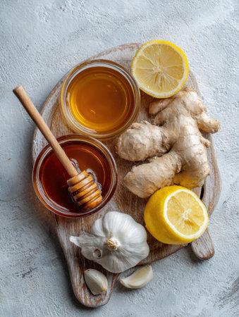 A flat lay showcases natural cold remedies including honey, fresh ginger, garlic cloves, and sliced lemon on a wooden board, promoting wellness.の素材