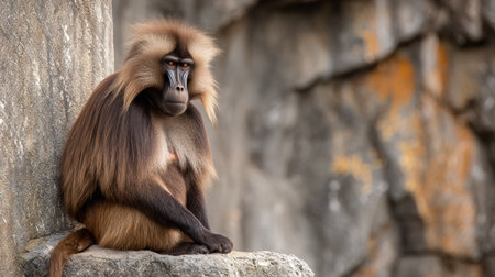 Gelada baboon sits with a serious expression on a rocky outcrop, surrounded by a rugged backdrop that emphasizes its wild setting.の素材