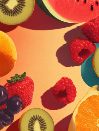 Brightly arranged fruits create a visually appealing collage, showing diverse colors and textures, perfect for designs needing an organic, fresh touch.の素材