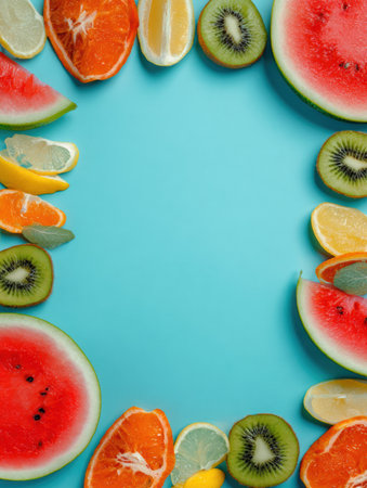 A vibrant arrangement of fruits creates a decorative social media frame, showing fresh watermelon, oranges, kiwis, and lemons on a blue surface.の素材