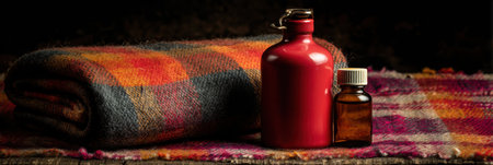 Warm plaid blanket serves as a backdrop for a hot water bottle and essential oil, creating a cozy atmosphere perfect for relaxation and comfort.の素材