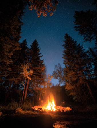 Warm glow from a campfire illuminates the area, creating a cozy atmosphere as stars twinkle brightly above the silhouetted trees in the night sky.の素材