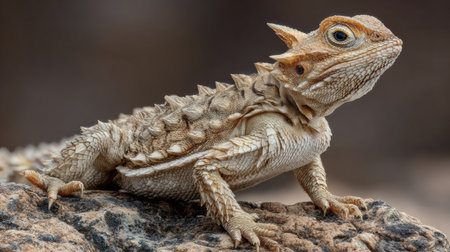 A horned lizard perches on a rocky surface, showing its sharp textures and unique appearance while basking in the warmth of the desert sun.の素材