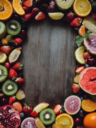 A colorful fruit arrangement on a wooden table showcases culinary creativity and draws attention on social media.の素材