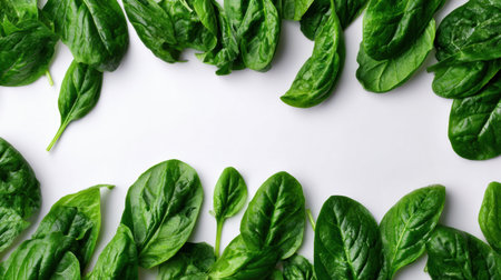 Scattered spinach leaves create an inviting arrangement on a white background, highlighting their fresh appearance and organic shapes for culinary inspiration.の素材