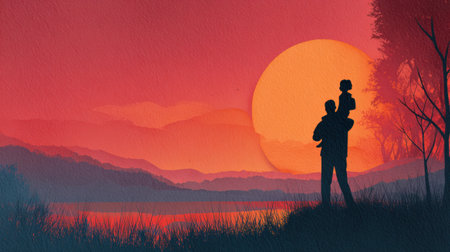 A father carries his child on his shoulders against a vibrant sunrise, showcasing a stunning paper-cut style landscape filled with natures beauty.の素材