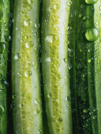 Fresh-cut cucumbers showcase their natural beauty with water droplets clinging to their surfaces, contributing to a fresh ambiance in a kitchen settingの素材