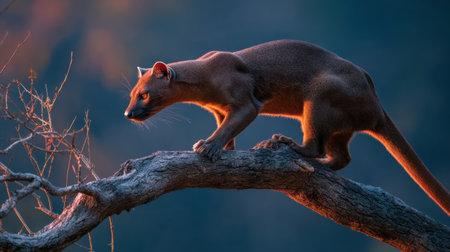 A fossa skillfully moves along a sturdy branch as a vibrant sunset casts warm hues across the landscape, creating a captivating atmosphere.の素材