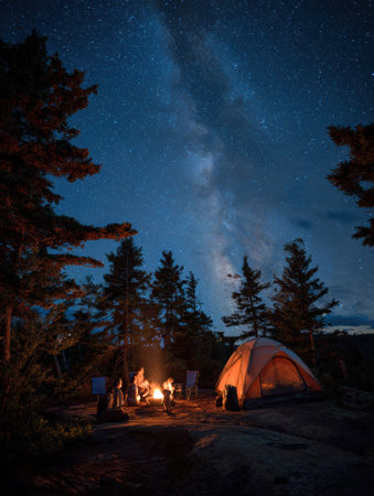 Family gathers around a warm fire beneath a stunning display of stars with a tent set up nearby in a peaceful camping location at night.の素材