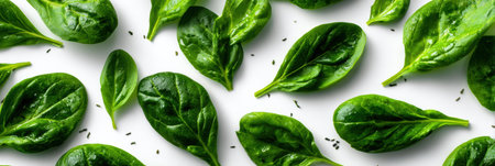 Vibrant, fresh spinach leaves are scattered like feathers on a clean surface, creating an appealing visual display with an untouched upper section.の素材