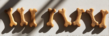 Flat lay of dog bone treats basking in warm sunlight, showing their shapes and shadows on a neutral background, evoking a delightful pet-friendly vibe.の素材