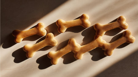 Delightful arrangement of dog bone treats illuminated by natural sunlight, showcasing diagonal shadows and a clear top section perfect for viewing.の素材