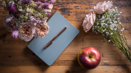 A lovely teachers desk features a blue notebook, elegant pen, fresh apple, and vibrant flowers on rustic wood in natural light.の素材