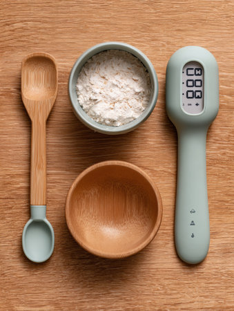 Scoop, timekeeper, and bowls are neatly placed on a smooth wooden surface, ready for food preparation and organized feeding activities.の素材
