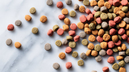 Colorful and healthy kibble is scattered across a clean marble surface, presenting a visually appealing variety of shapes and colors ideal for pet nutrition.の素材