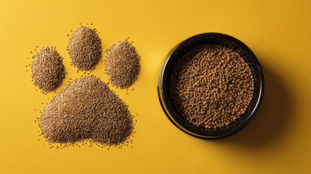 A unique arrangement features a grain pile forming a paw shape beside a pet food bowl on a bright yellow background, highlighting creativity in pet feeding.の素材