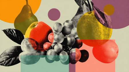 Collage of various fruits creatively arranged with bold geometric shapes, designed for visual appeal and space for text, highlighting vibrant colors.の素材