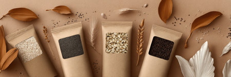 Organic grain-free food packs are arranged with natural leaf elements, showing clear space for branding and healthy promoting eating options.の素材