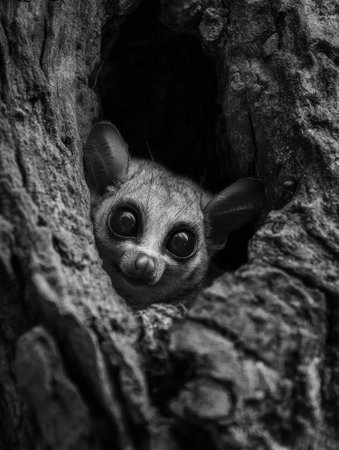 A galago peers from the hollow of a tree, showing its expressive large eyes and the intricate texture of the surrounding bark in soft, dark tones.の素材