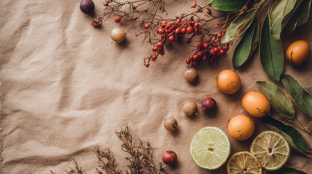 Arrangement of colorful fruits and aromatic herbs on natural craft paper, showing vibrant textures and colors, perfect for decor or culinary inspirationの素材
