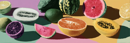A vibrant fruit collage highlights various fruits such as watermelon and grapefruit, arranged artistically with shadows for a striking summer aesthetic.の素材