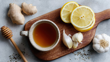 Flat lay of effective home cold remedies with honey, ginger, garlic, and lemon on a wooden cutting board showing natural ingredients for wellness.の素材