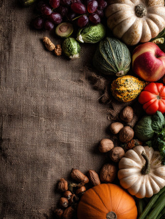 A rustic arrangement showcases a variety of fall vegetables and fruits, including squash, pumpkins, grapes, and nuts, set against a burlap backdrop.の素材