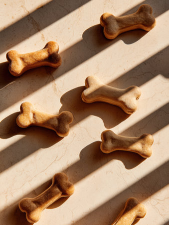 Dog bone treats in natural sunlight cast diagonal shadows on a light surface, creating a warm scene that highlights their textures.の素材