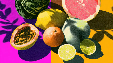 A collage of various fruits including watermelon, lemon, and grapefruit is artfully arranged on a bright background, ideal for design inspiration.の素材