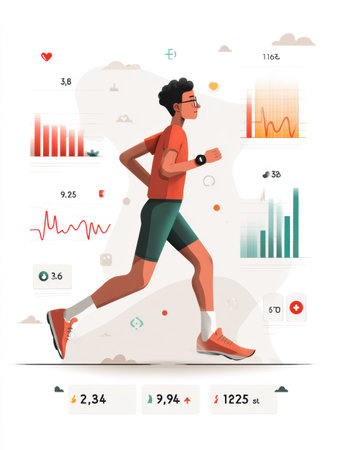 Runner strides confidently past a milestone while health statistics display around him, highlighting metrics that track performance and wellness in a busy city.の素材