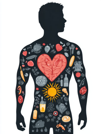 Silhouette of a male figure filled with diverse health icons like heart, muscle, food, and sun, illustrating the elements of fitness and well-being.の素材