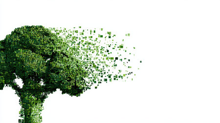 A silhouette of broccoli created from green pixels stands out against a clean white background, showing the elegance of digital artistry and minimalism.の素材