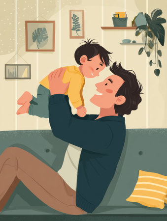 A father joyfully lifts his smiling child, creating a heartwarming moment of connection and fun in a cozy, decorated living room.の素材