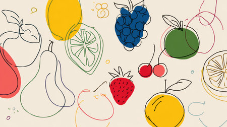 Vibrant line art displays a variety of fruits accented with colorful designs, emphasizing a modern minimal aesthetic with an untouched top margin for elegance.の素材