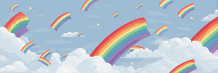 Vibrant pride symbols drift through a serene blue sky filled with soft clouds, offering ample room for personal expressions and artistic projects.の素材