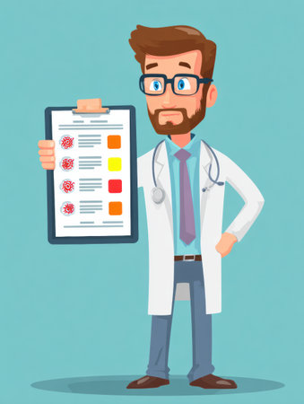 A doctor displays a mens health symptoms checklist to promote awareness and encourage proactive health management among men in various age groups.の素材