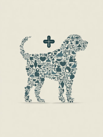 A striking silhouette of a dog filled with various medical icons, designed for healthcare awareness or veterinary promotion, using a minimal aesthetic.の素材
