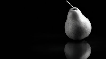 A single pear rests on black glass, its surface reflecting the dramatic lighting, creating a striking contrast that enhances its natural form and texture.の素材
