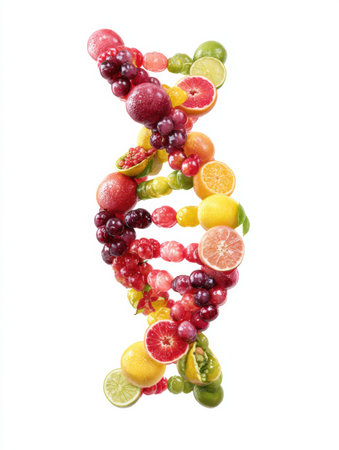 Colorful strands of berries and citrus fruits form a stylized DNA design, highlighting the beauty of nature and the connection between food and health.の素材