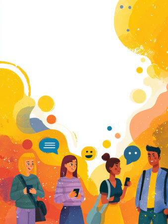 Young engaged individuals in lively conversation, using emojis to enhance their communication in a colorful and dynamic setting with clear space.の素材