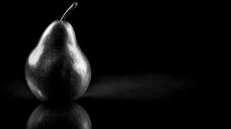 A solitary pear rests on a reflective black surface, illuminated by dramatic lighting that enhances its shape and texture against a dark backdrop.の素材