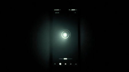 A glowing voice memo screen stands out in a dark environment, highlighting the recording features while the surroundings remain shrouded in shadows.の素材
