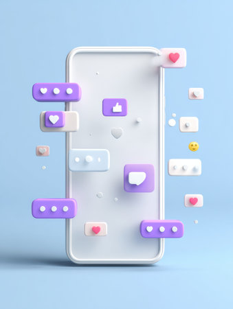 Colorful social media reactions are animatedly flying out from a smartphone screen, showcasing modern UI design elements in a bright setting.の素材