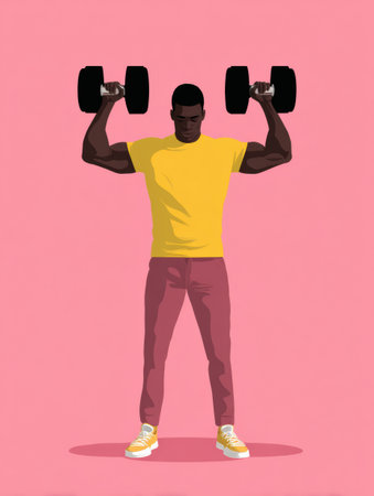 A man lifts weights above his head against a pink background, symbolizing the duality of strength and vulnerability in the journey of mens wellness.の素材