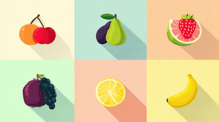 Bright and simple flat illustrations of various fruits on soft pastel backgrounds, featuring cherries, pears, strawberries, and more for design use.の素材