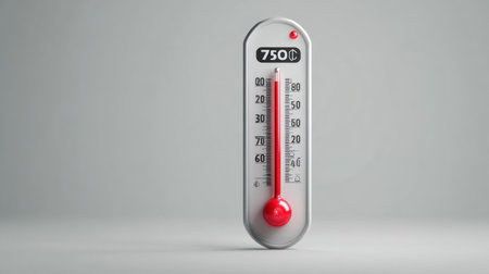 A thermometer indicates a high temperature reading, featuring a red warning icon, set against a clean and minimal digital backdrop suggesting heat alerts.の素材