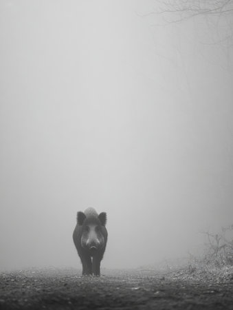 A wild boar walks out from thick fog in a tranquil forest, displaying its natural habitat early in the morning, surrounded by an ethereal atmosphere.の素材