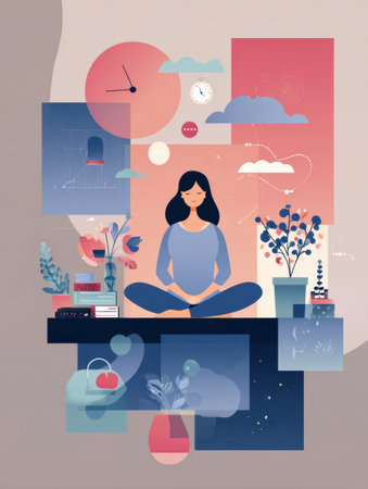 Discover key mental health self-care tips in an infographic, including meditation, time management, and connecting with nature.の素材