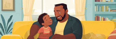 A father smiles warmly at his son while they enjoy quality time together on a bright yellow couch. The sunlight streams through a window, enhancing their bond.の素材