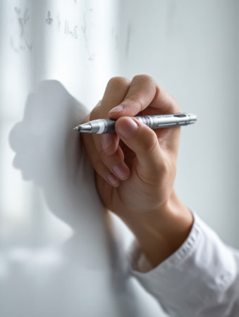 Teacher uses a pen to write on a whiteboard in a classroom setting, providing instruction and engaging students in active learning.の素材